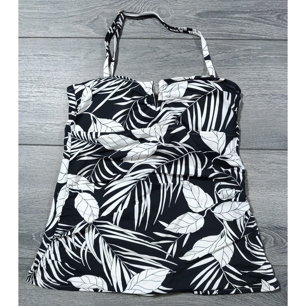 Lands End Womens Size 4 Black White Tropical Palm Halter Tankini Swim Top